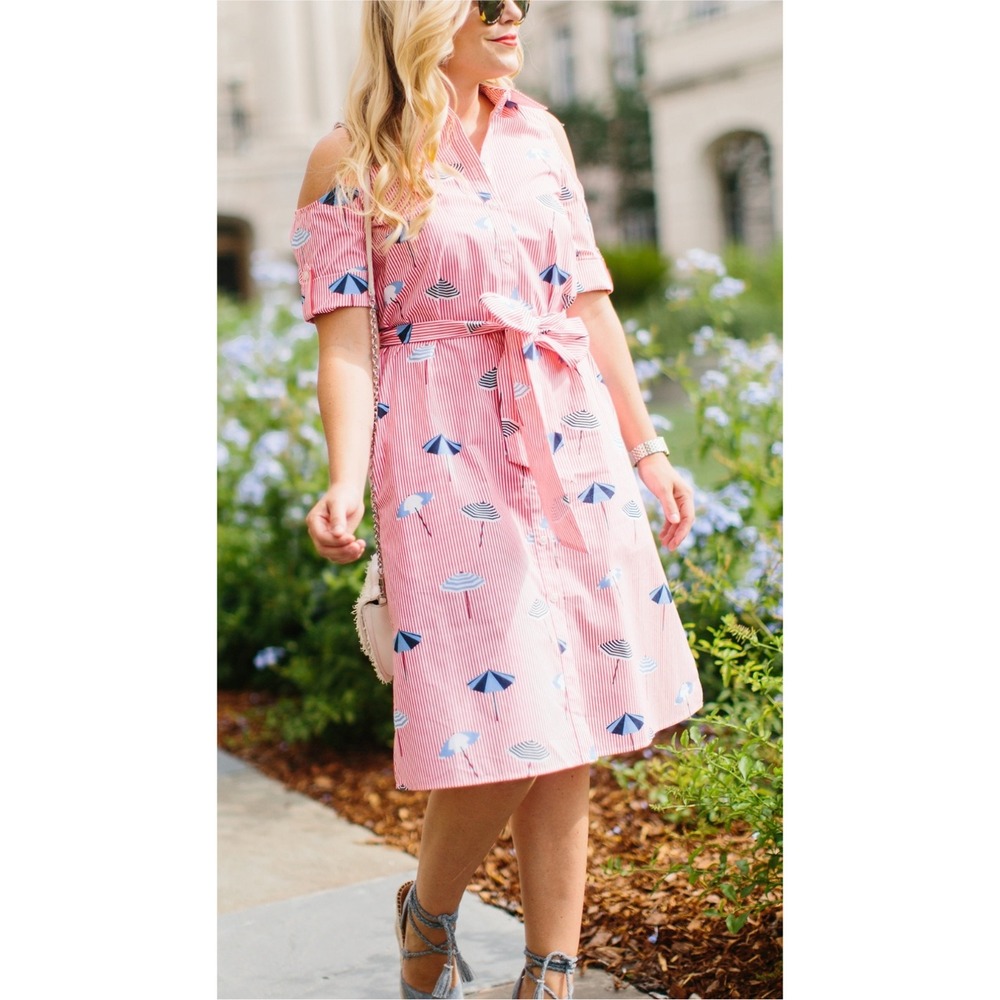 Draper James Shirt Dress Cold Shoulder Striped Umbrella Print Belted Size 2 NWOT - Picture 2 of 12